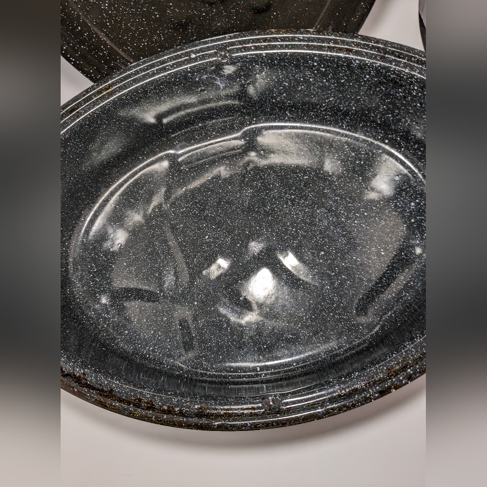Vintage Black Enamel Speckled Oval Roasting Pan W/Handles & Lid 14 x 10 - Picture 5 of 9